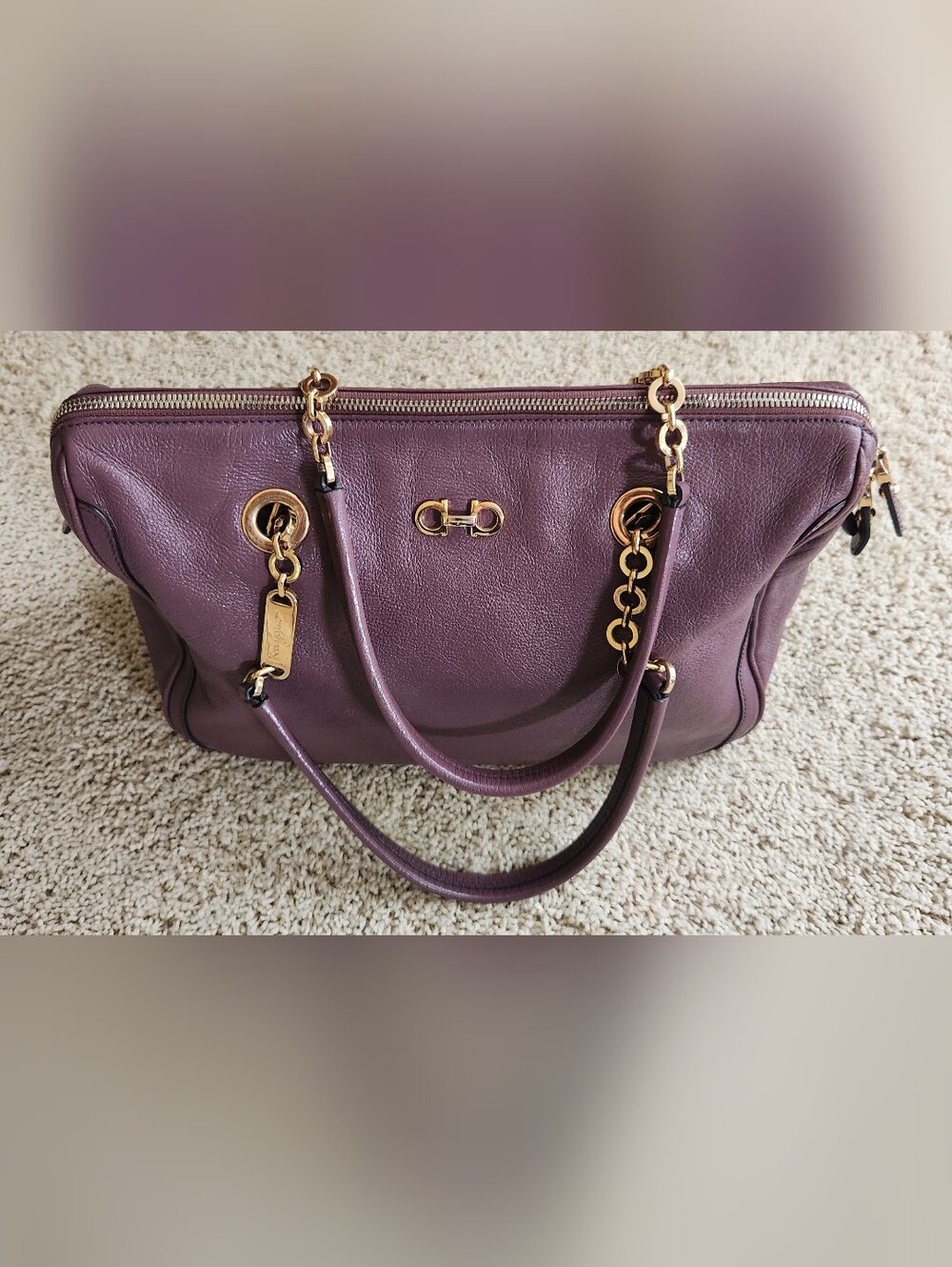 Salvatore Ferragamo Purple Leather Gancini Chain Shoulder Bag Tote Made In Italy - Picture 2 of 16
